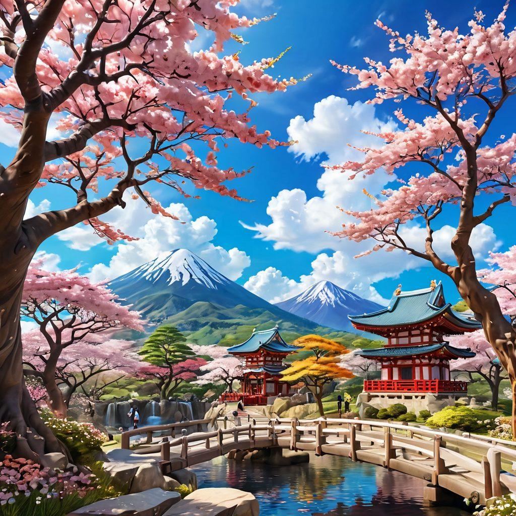 A vibrant and whimsical landscape filled with playful anime characters showcasing diverse styles, each exhibiting unique emotions of joy and excitement. Incorporate colorful, oversized elements like giant sakura trees and floating clouds to add to the magical atmosphere. Include a small crowd of fans admiring the scene, blending into the joyful world. super-realistic. vibrant colors. 3D.