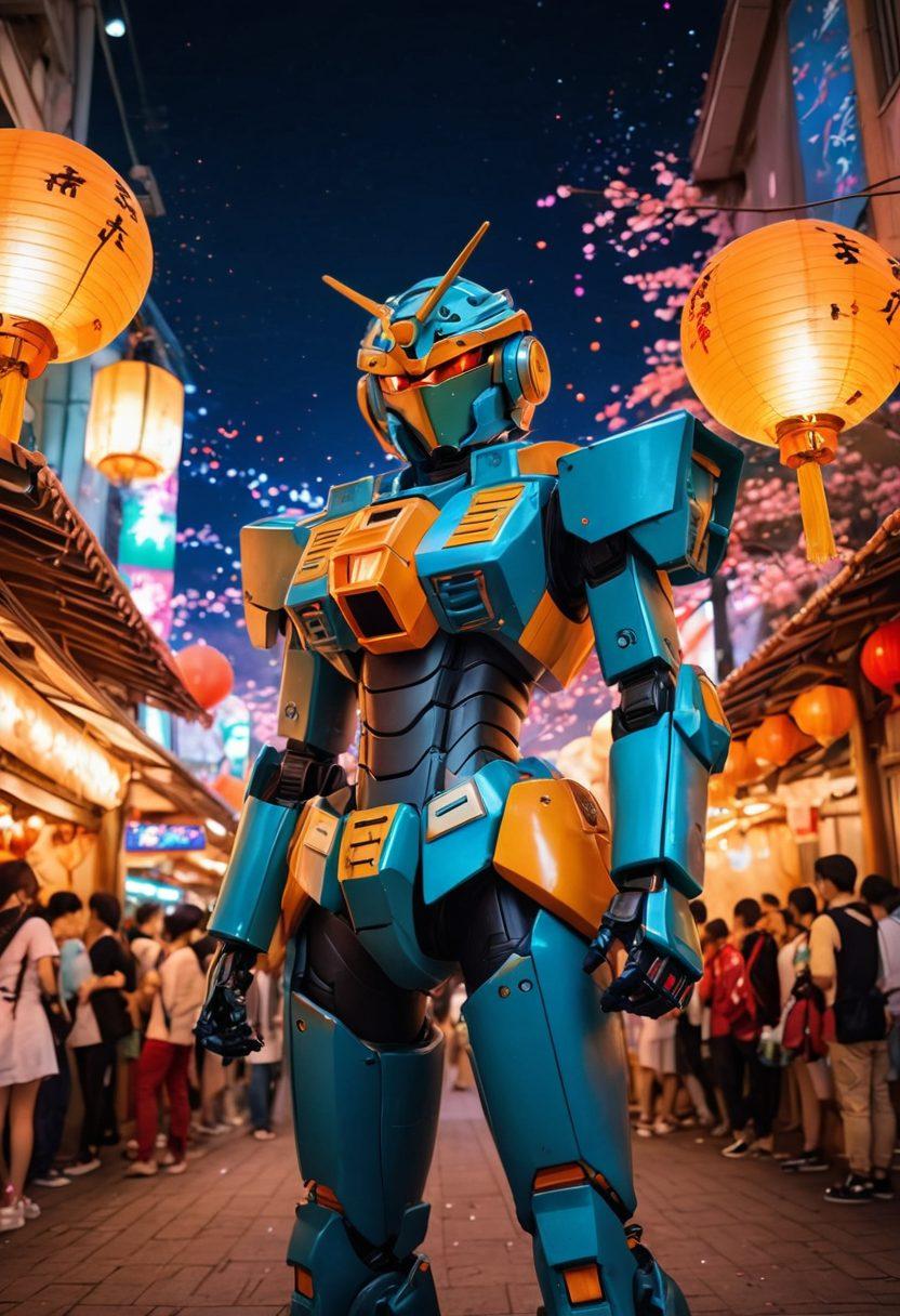 A colorful festival scene showcasing diverse anime characters in vibrant costumes celebrating in a lively street. Include iconic elements from different anime genres like mecha, fantasy, and slice-of-life, surrounded by festive decorations and fan art stalls. Capture the excitement of fans engaging in cosplay and themed activities, with glowing lanterns and fireworks in the background. anime-inspired. vibrant colors. dynamic composition.