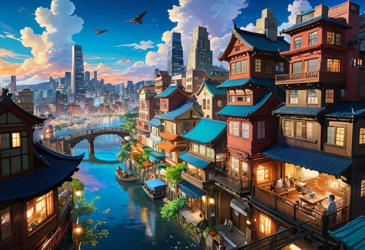 A whimsical scene showcasing a colorful, vibrant anime-inspired cityscape filled with diverse characters engaging in various creative activities, such as painting, writing, and crafting. Floating above the city are iconic anime symbols and elements, creating a sense of wonder and imagination. The scene should evoke a sense of community and collaboration among the characters. super-realistic. vibrant colors. dynamic perspective.